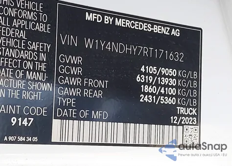 2024 Mercedes-Benz Sprinter 2500 High Roof 4-Cyl Diesel Ho из США, поврежденный, VIN W1Y4NDHY7RT171632